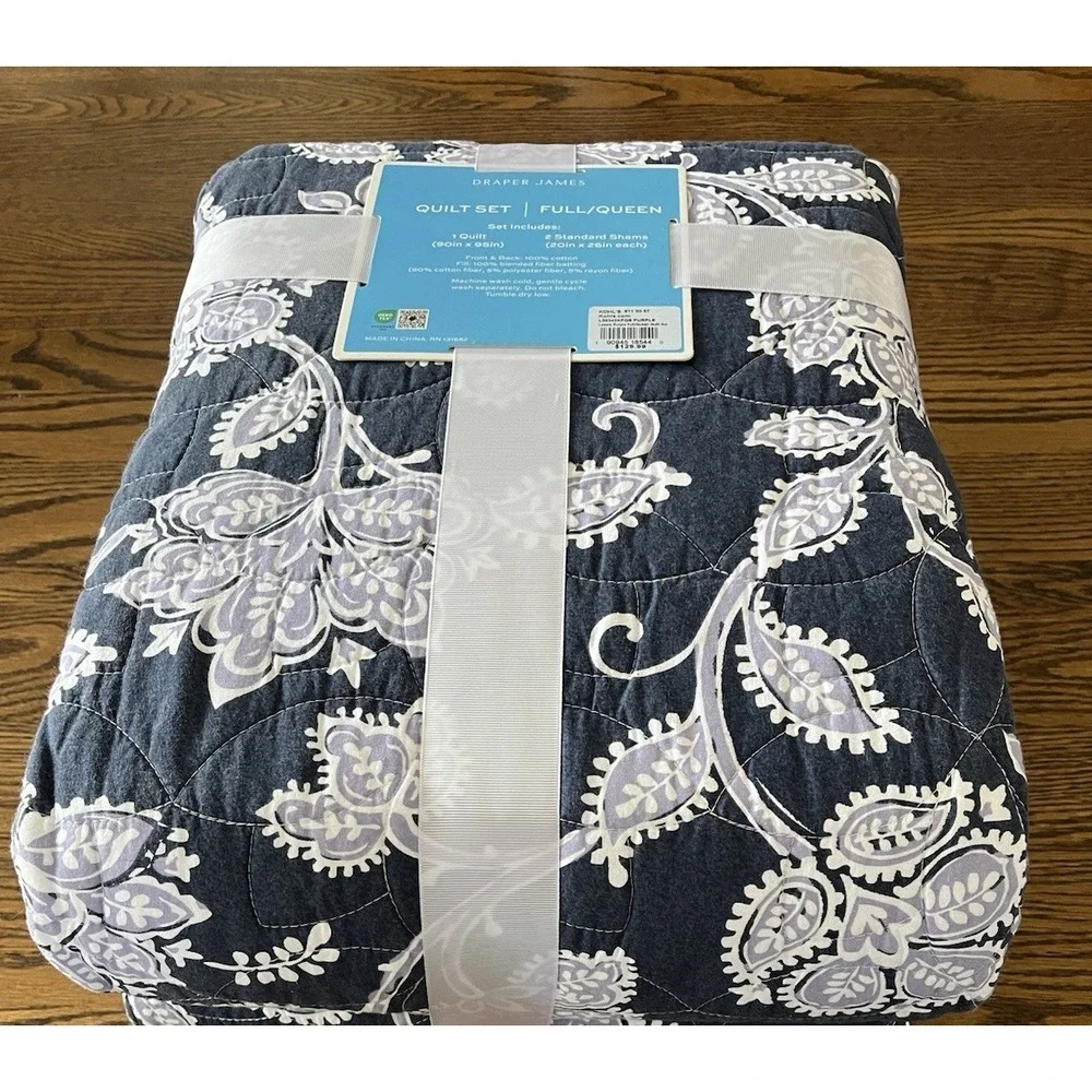 Draper James Full Queen Cotton Quilt Lessie Purple Navy White Paisley Floral New